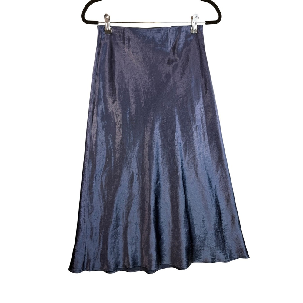 Babaton Aritzia Navy Blue Metallic Crinkle Midi Slip Skirt Womens 6 Minimalist